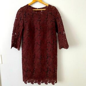 LOFT Women's Sz 2 Wine Burgundy Lace Shift Dress Cocktail Party 3/4 Sleeve